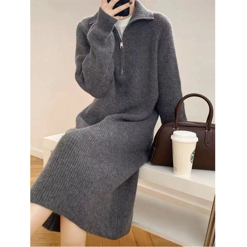 Women's Casual Relaxed Fit Knitted Sweater Over Knee Midi Dress