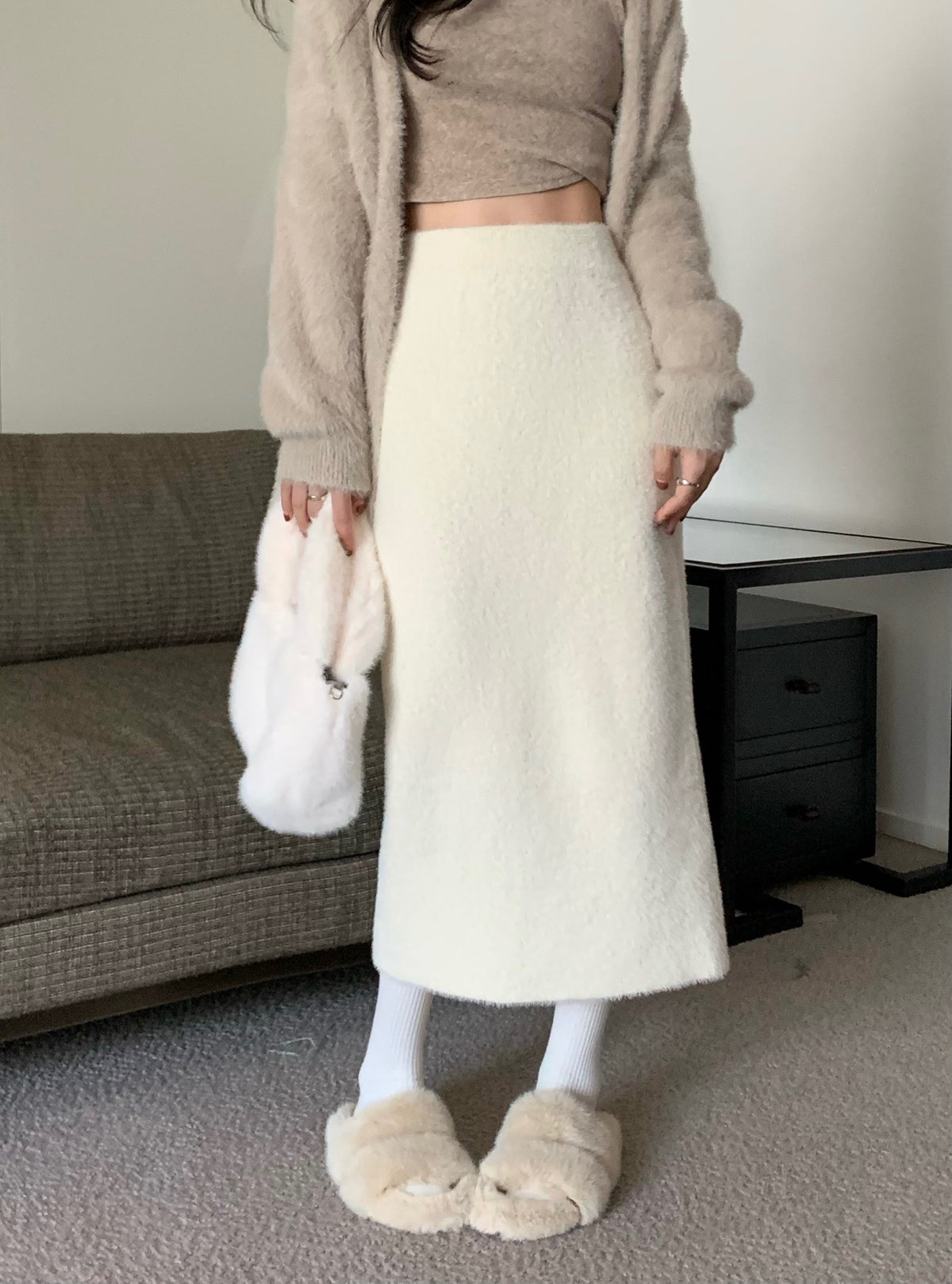 Women's High Waist Faux Mink Fur Side Slit Bodycon Midi Skirt for Petite