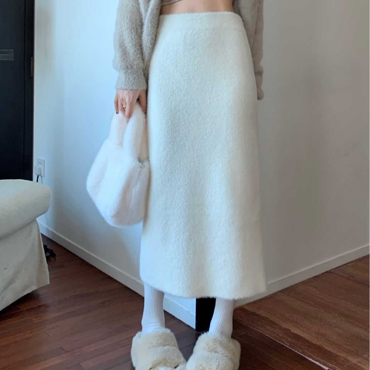 Women's High Waist Faux Mink Fur Side Slit Bodycon Midi Skirt for Petite