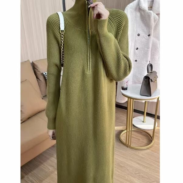 Women's Casual Relaxed Fit Knitted Sweater Over Knee Midi Dress