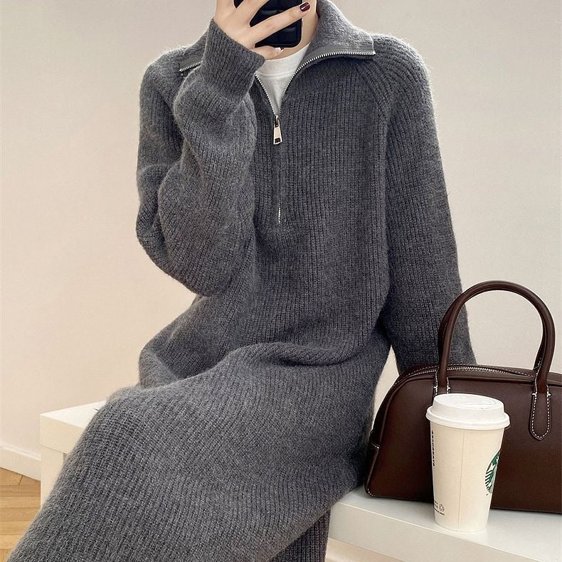 Women's Casual Relaxed Fit Knitted Sweater Over Knee Midi Dress