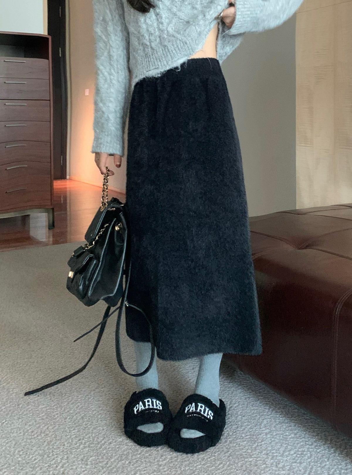 Women's High Waist Faux Mink Fur Side Slit Bodycon Midi Skirt for Petite