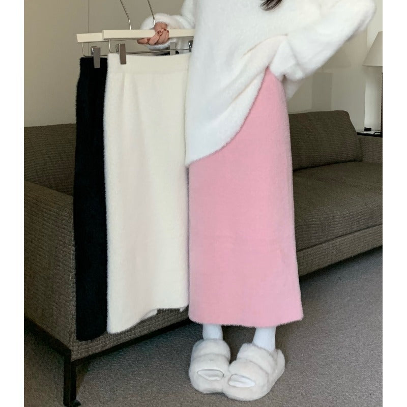Women's High Waist Faux Mink Fur Side Slit Bodycon Midi Skirt for Petite